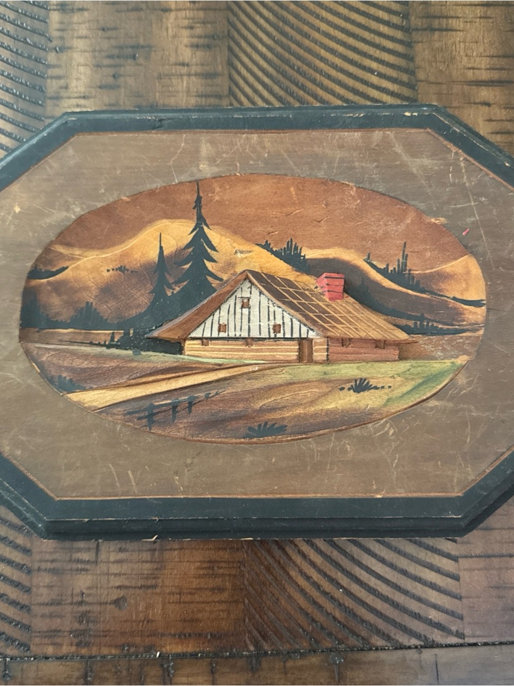 Vtg Hand Carved Painted Wood Cabin Mountain scene Hanging Picture Plaque Antique